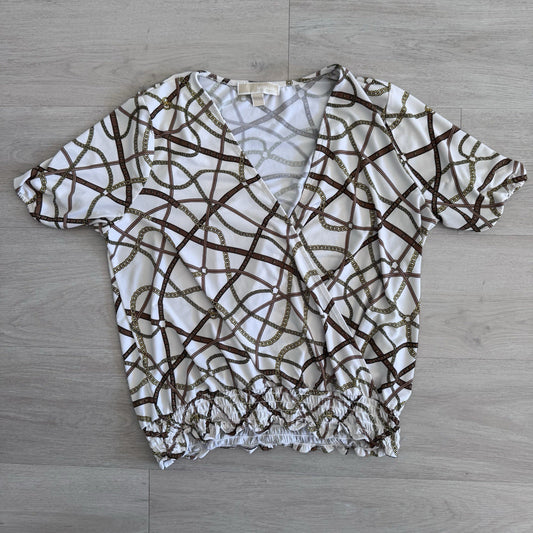 Michael Michael Kors Chain Print Wrap Top Womens Large White Gold Stretch