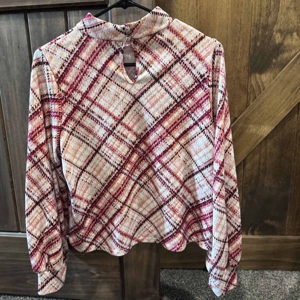 PerSeption Concept Plaid Mock Neck Long Sleeve Blouse | Size L