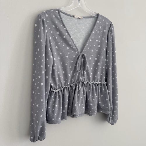 Altar'd State Womens BOHO Star Print Peplum Top Small Gray Tie Neck Puff Sleeve