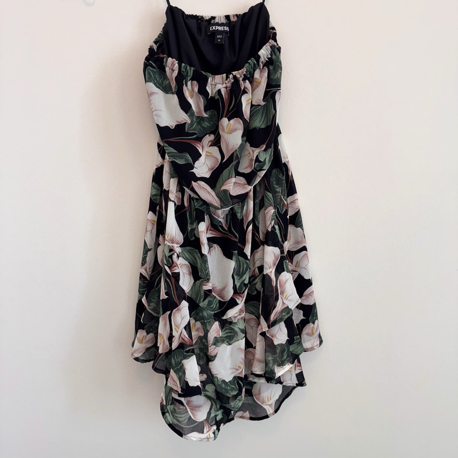 Express Black Floral Romper XS Calla Lily Print Ruffle Hem Strappy Back
