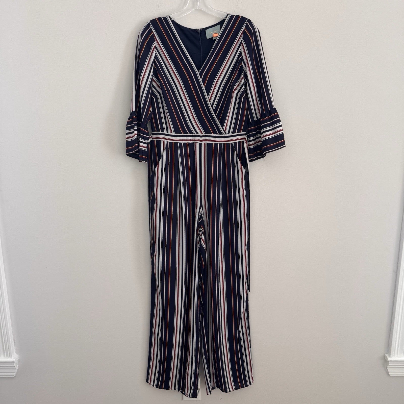 Skies Are Blue Striped Wide Leg Jumpsuit Women's Size S Bell Sleeve Nautical