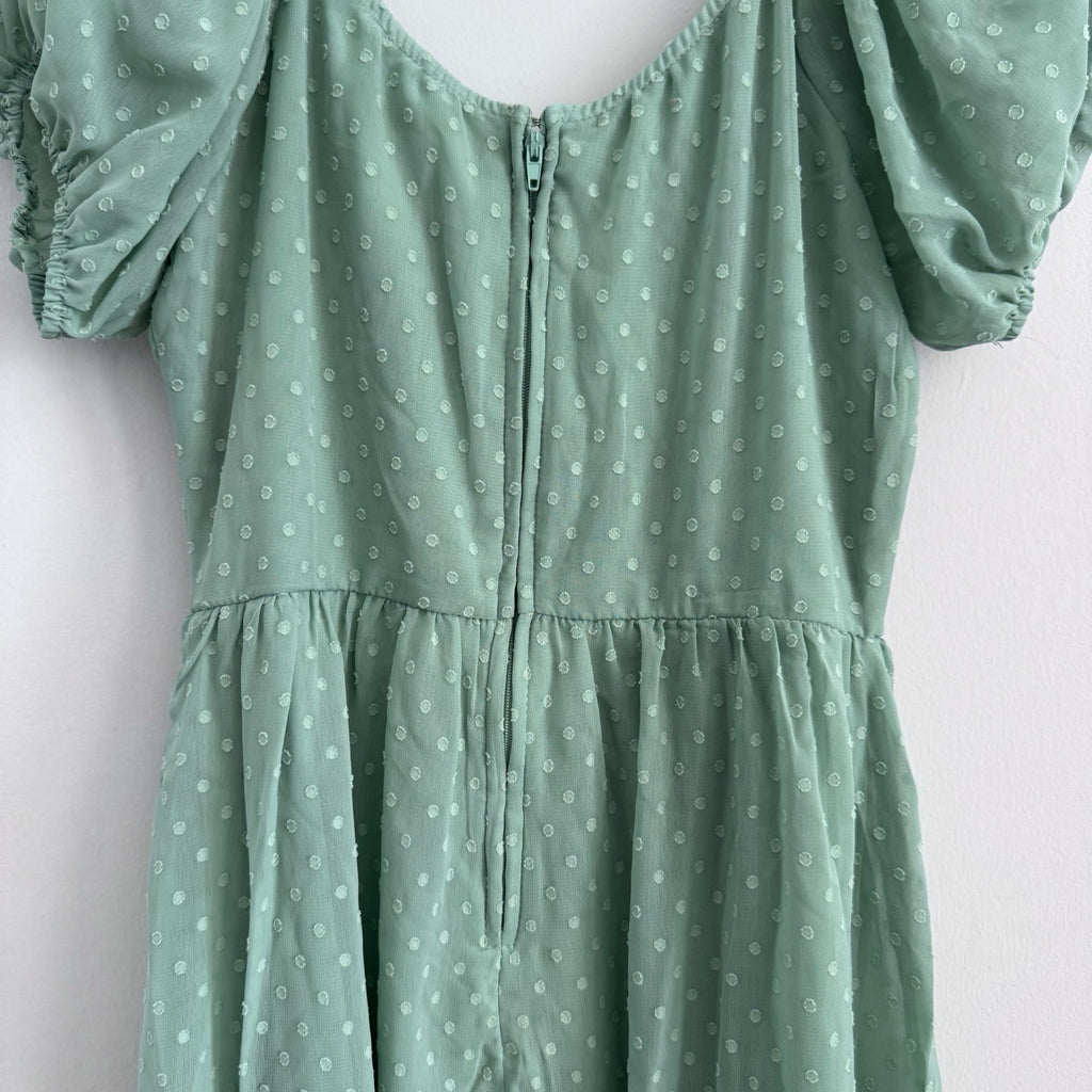 Trixxi Womens S Sage Green Swiss Dot Puff Sleeve Mini Dress NWT