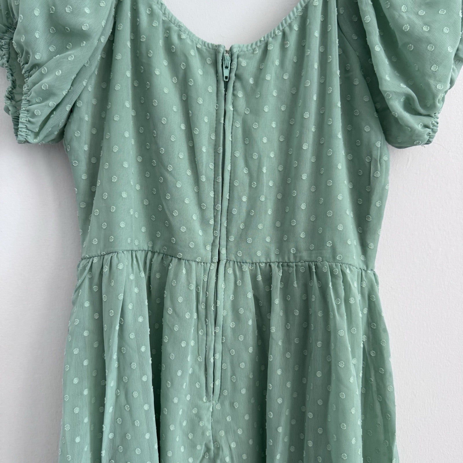 Trixxi Womens S Sage Green Swiss Dot Puff Sleeve Mini Dress NWT