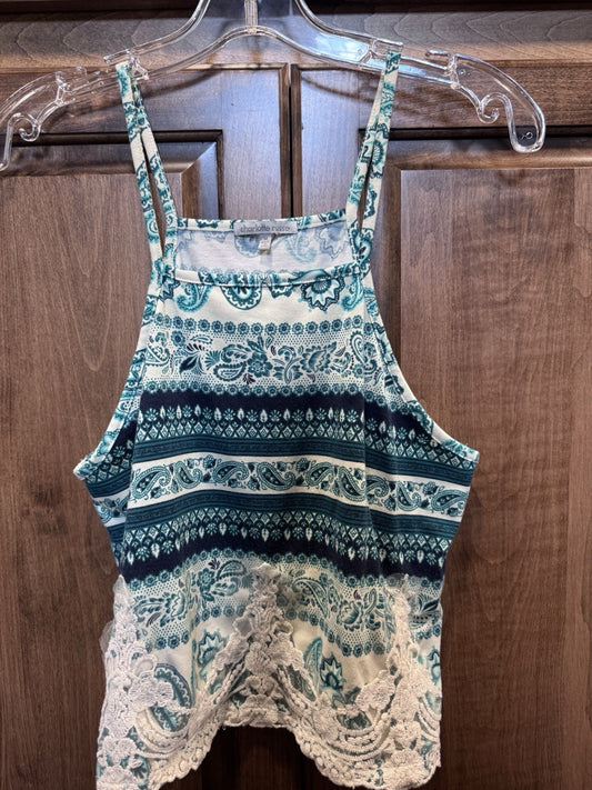Charlotte Russe Boho Paisley Tank Top M Blue Lace Trim Crop Made in USA
