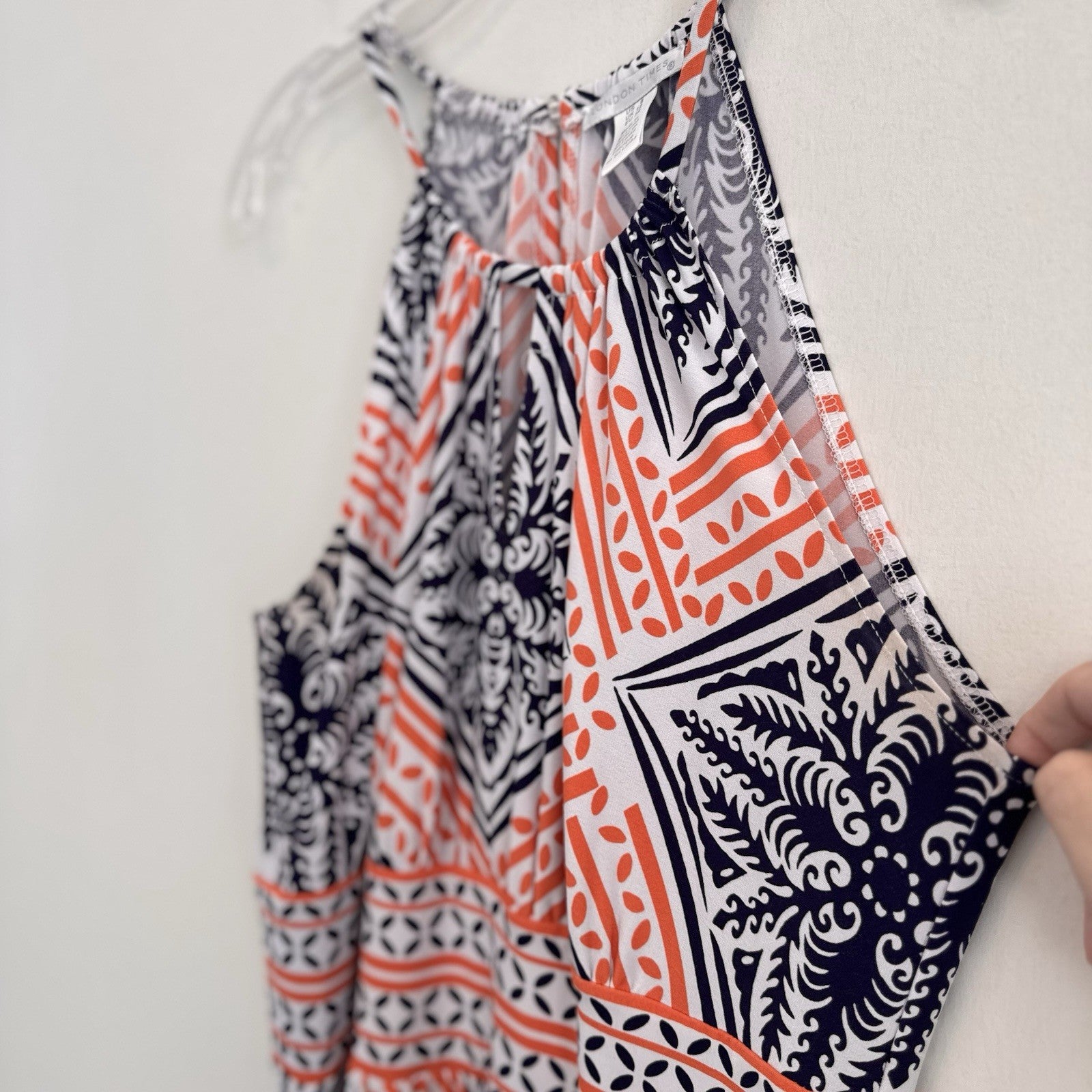 London Times Geo Tile Print Halter Maxi Dress Navy Orange Size 8