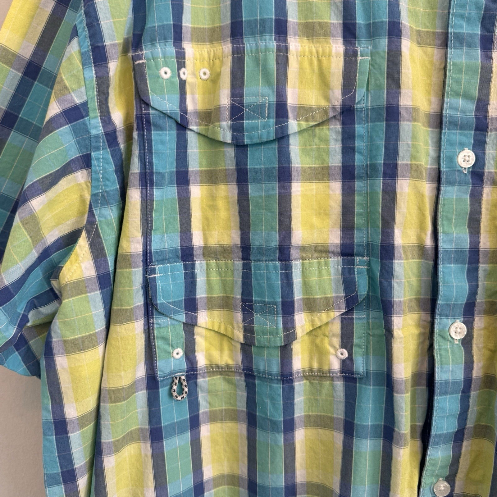Columbia PFG Super Bonehead Shirt XXL Teal Lime Green Plaid Fishing S/S