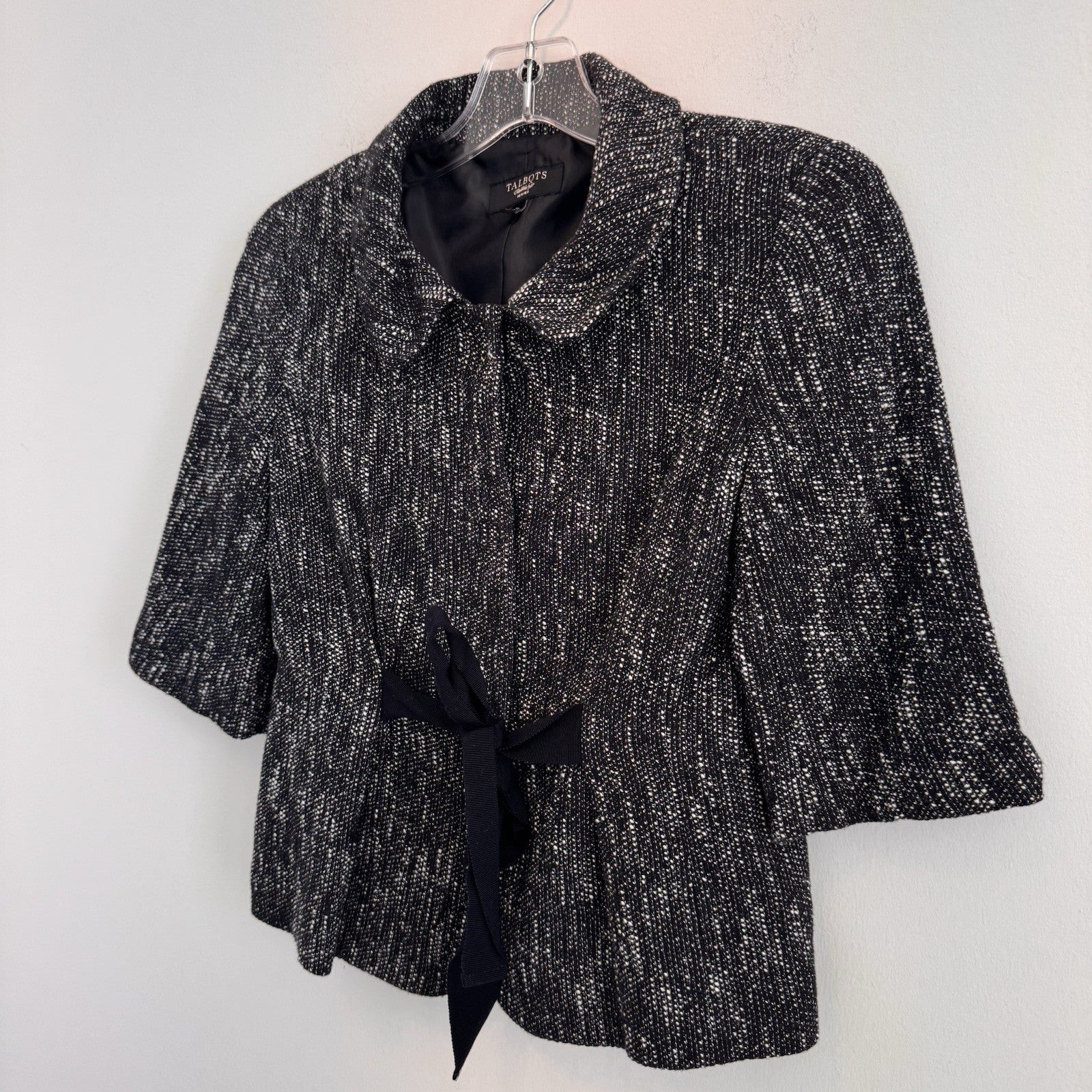 Talbots Petites Tweed Skirt Suit Set 2P 4P Black White Textured Bow Jacket