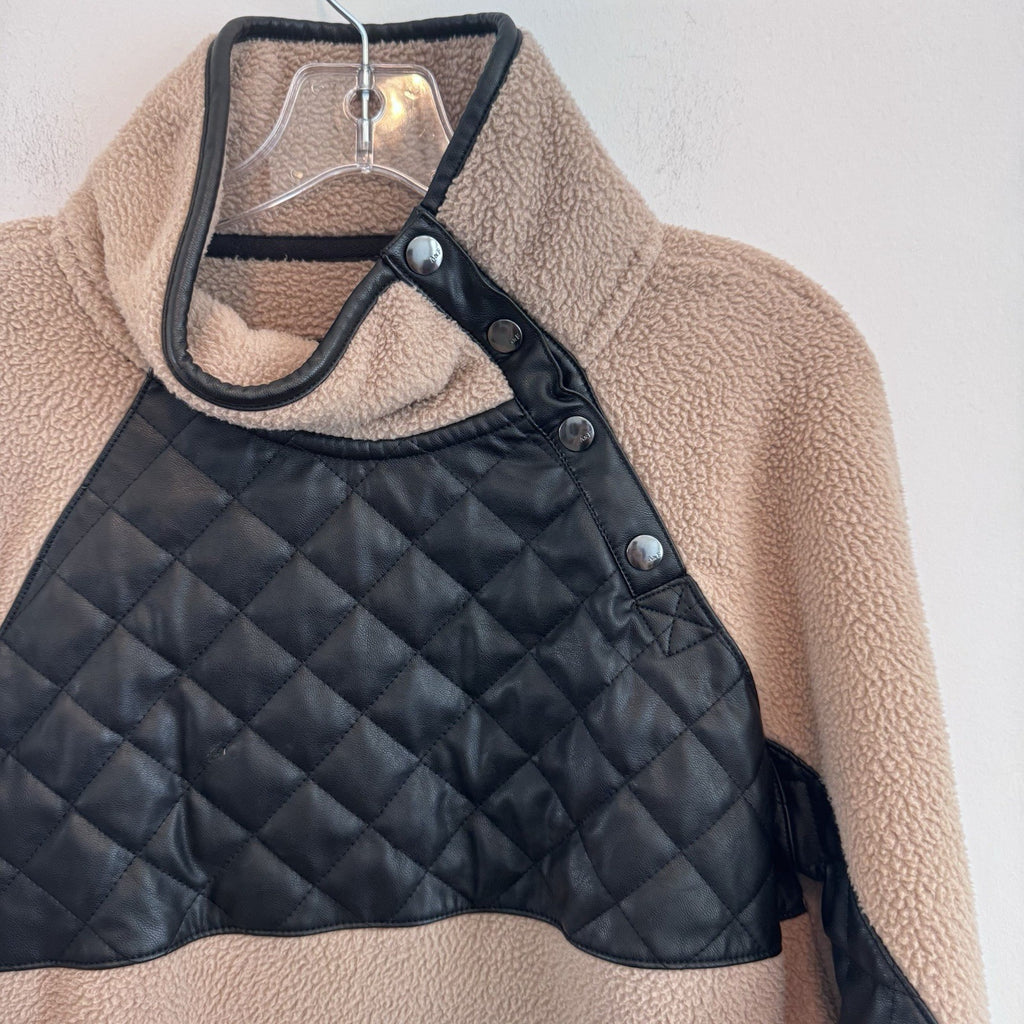 A&F Sherpa Pullover Women Small Brown Black Quilted Snap Fleece Abercrombie
