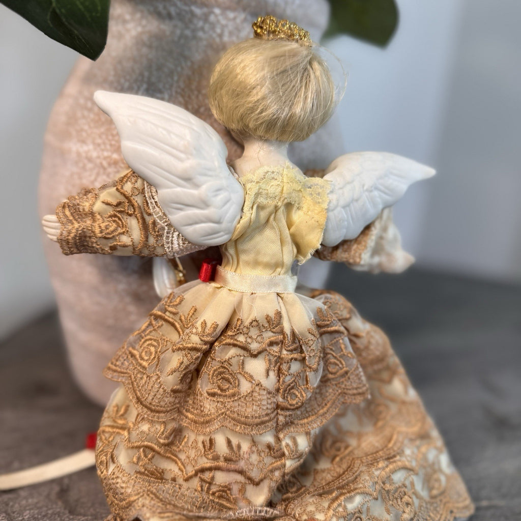 Vintage Bisque Porcelain Angel Doll 8" Gold Lace Dress Musical Lute Tree Topper