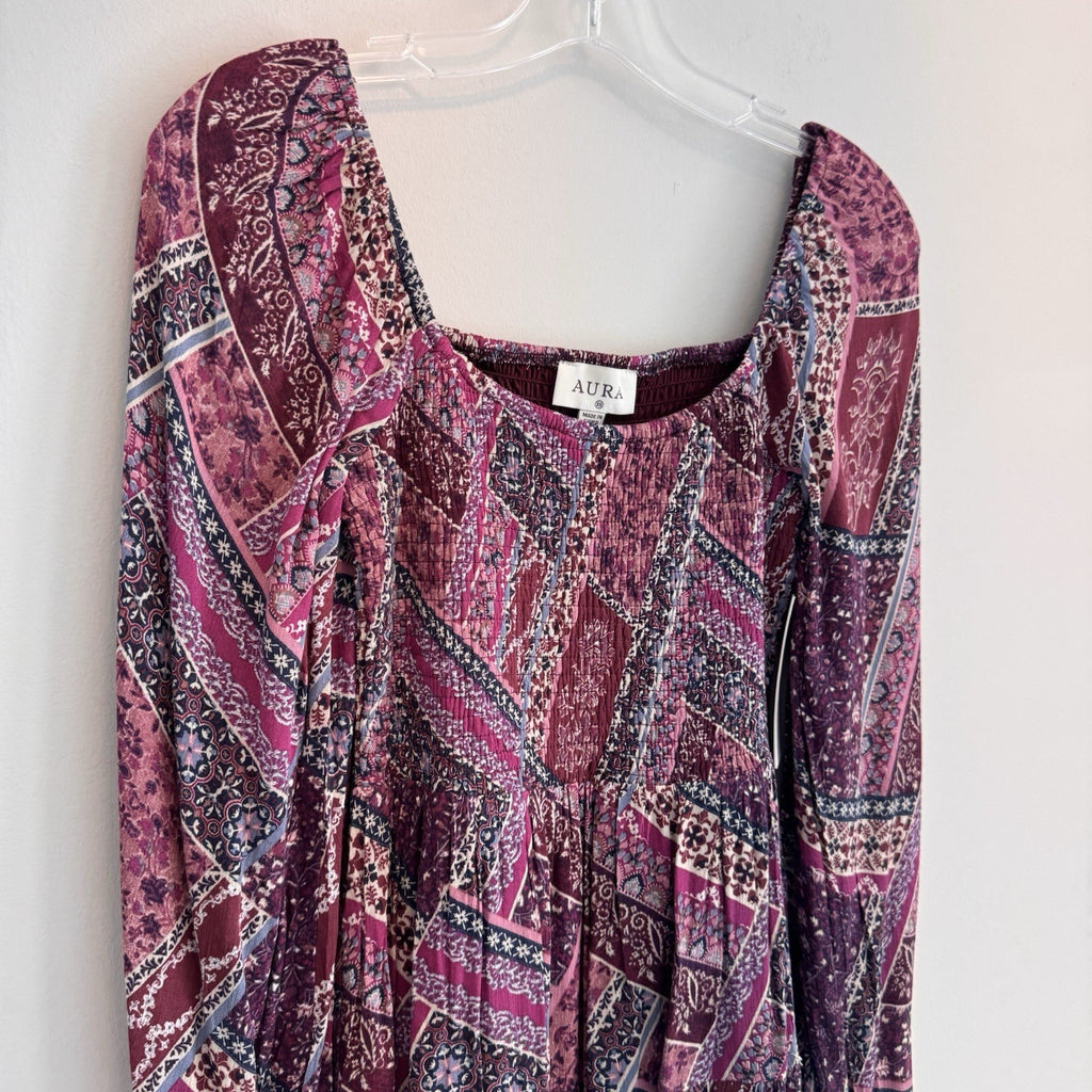 NWT Aura Shop Red Dress XS Purple Boho Patchwork Smocked Long Sleeve Mini Dress