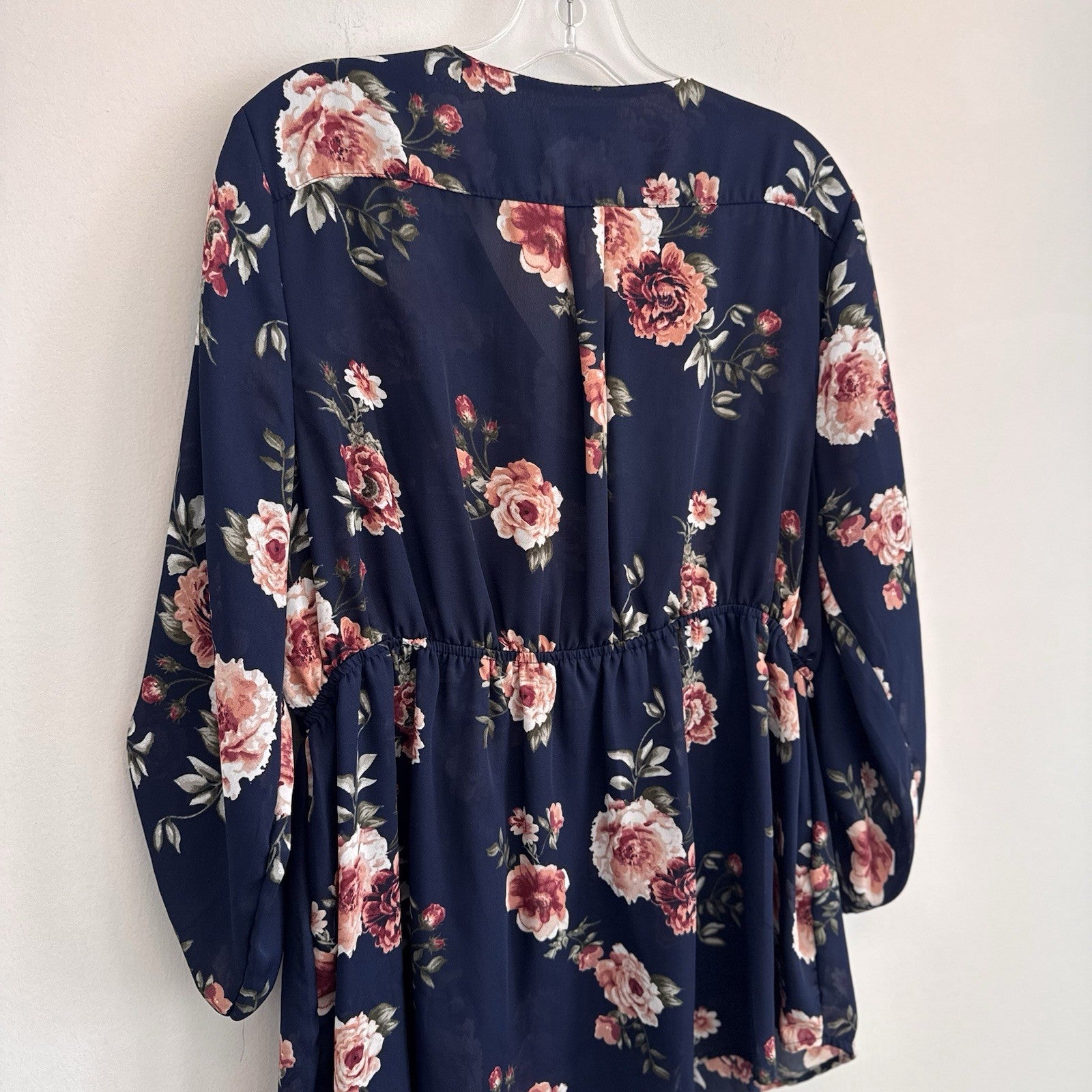 J for Justify Navy Floral Peplum Tunic Blouse Roll Tab Sleeve XL
