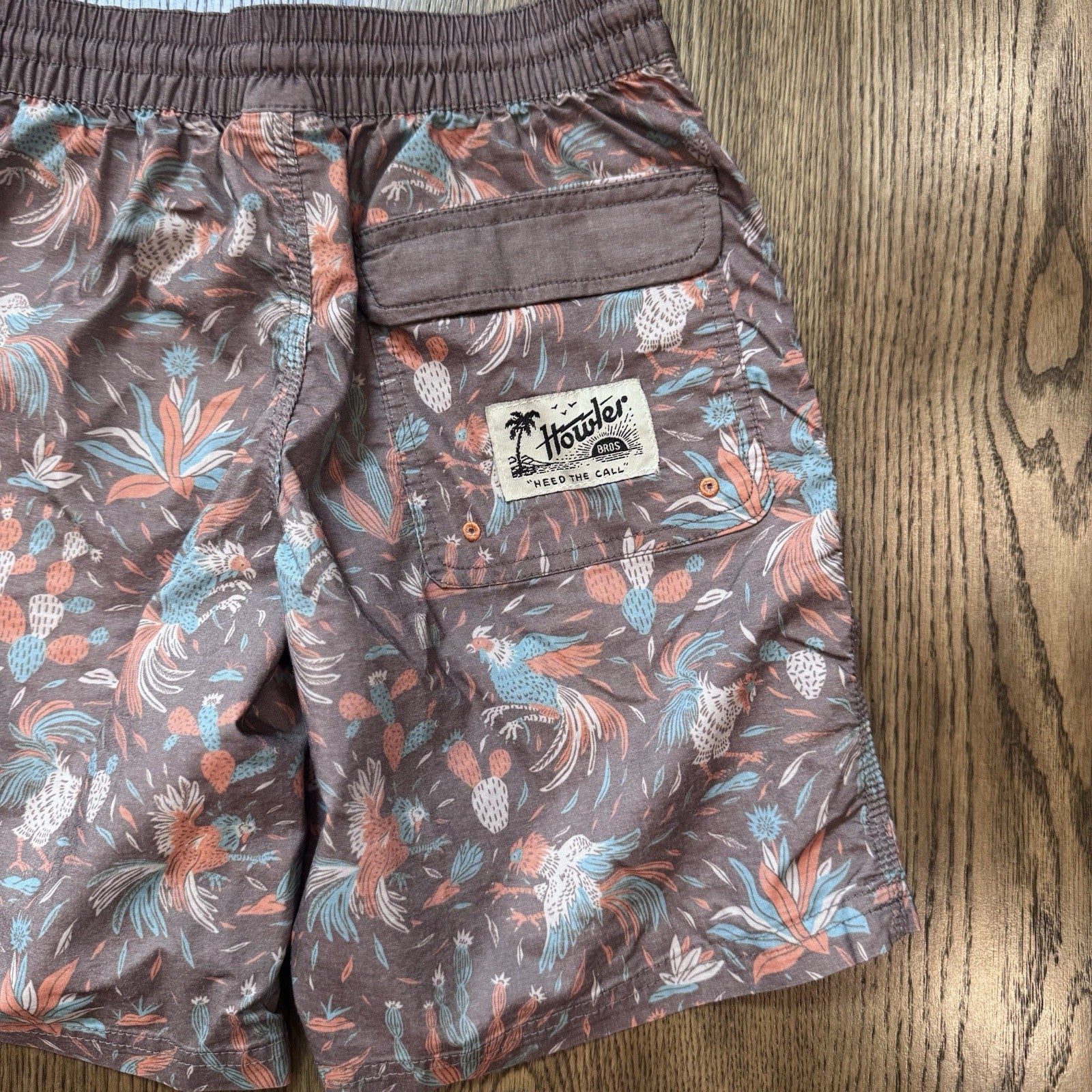 Howler Brothers Boys Swim Trunks Size Large Brown Tropical Parrot