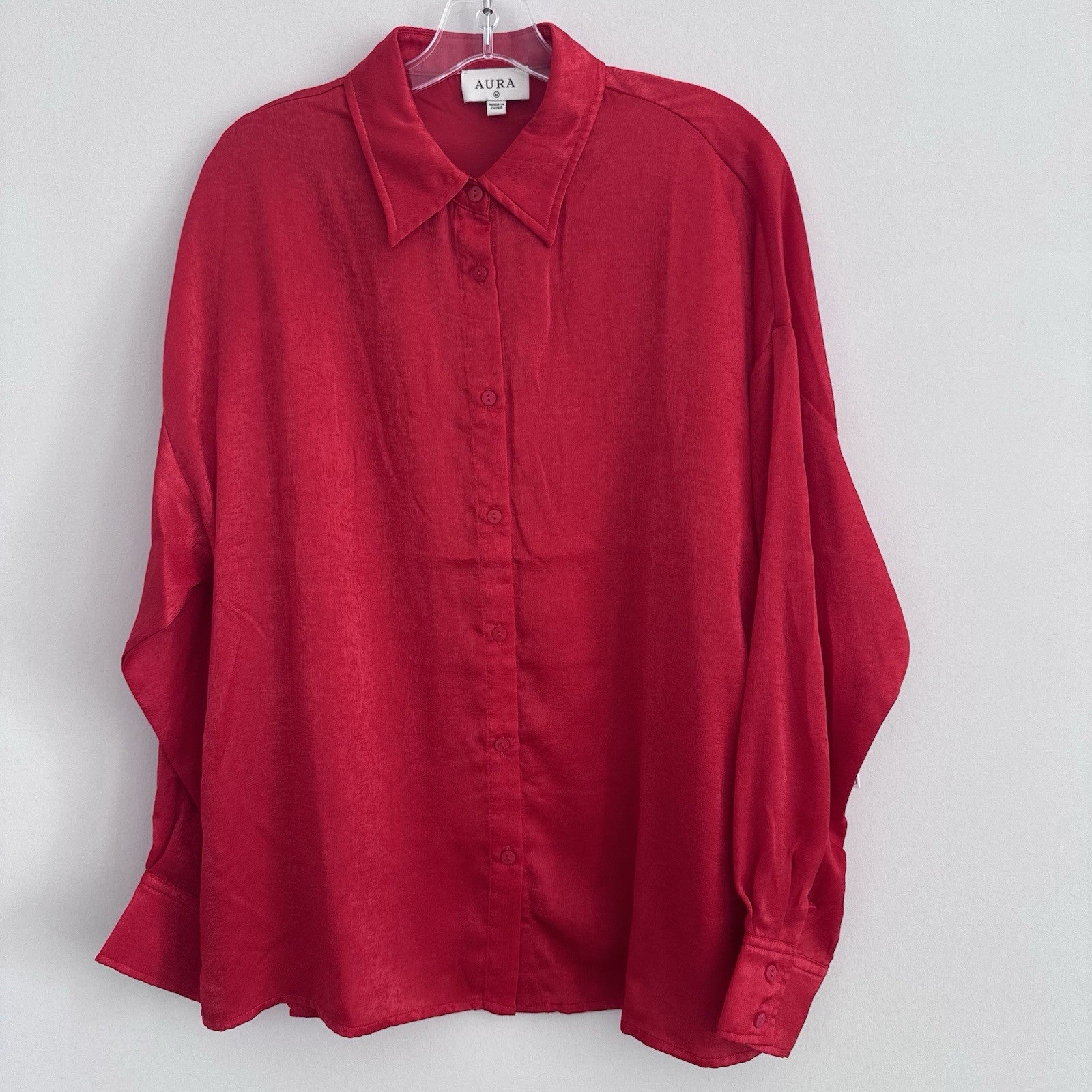 AURA Red Dress Boutique Blouse M Sheer Button Front Collared