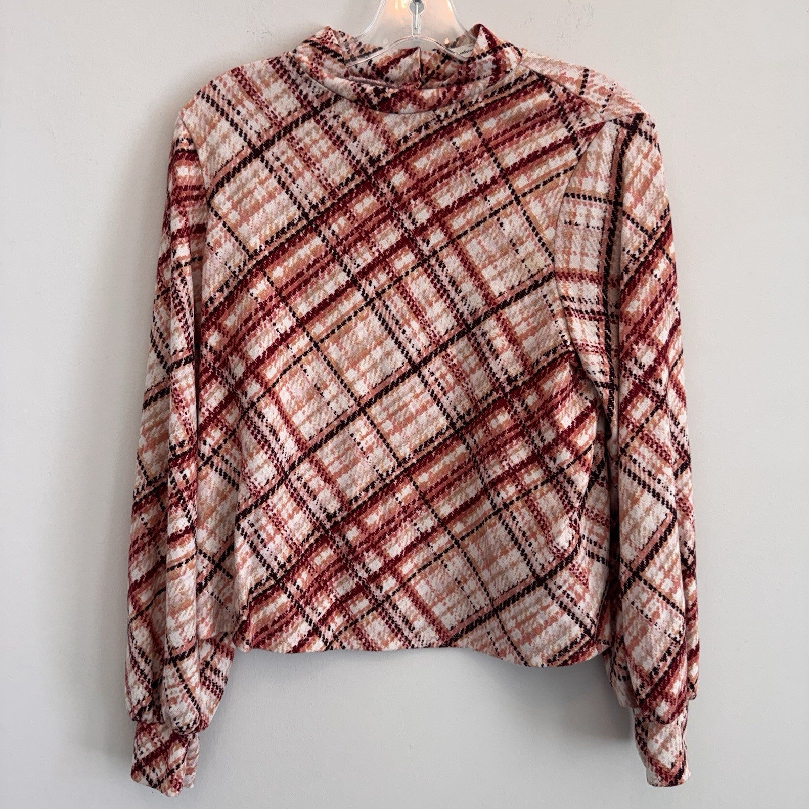 PerSeption Concept Womens L Rust Plaid Mock Neck Balloon Sleeve Blouse Stretch