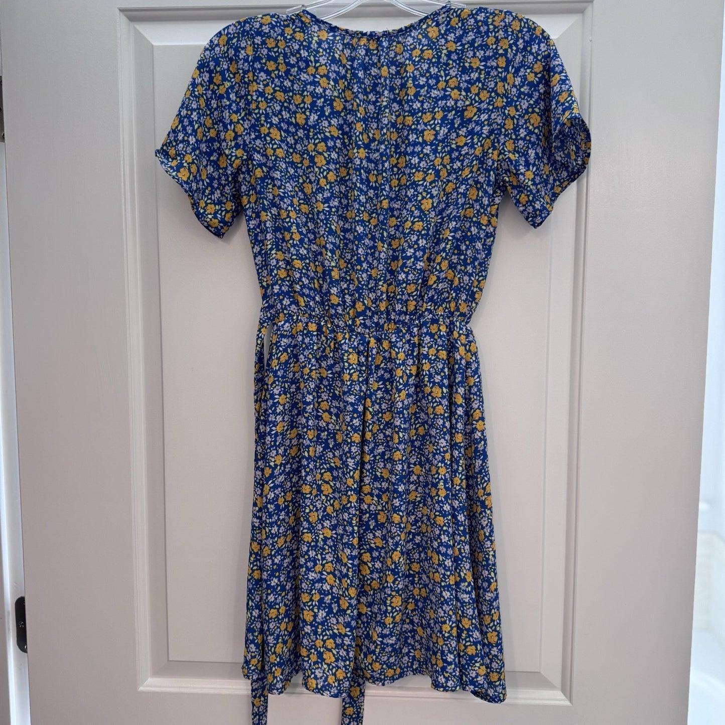 Sienna Sky XS Blue Yellow Floral Wrap Dress Short Sleeve Fit & Flare Lined