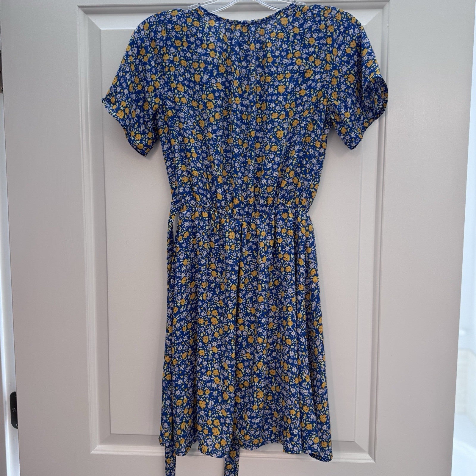 Sienna Sky XS Blue Yellow Floral Wrap Dress Short Sleeve Fit & Flare Lined