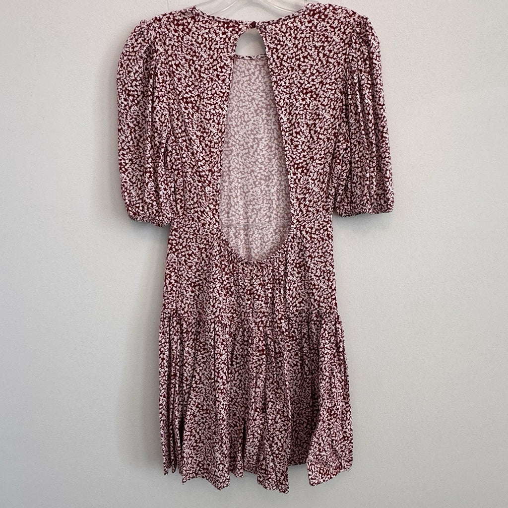 Free People XS Red White Floral Open Back Puff Sleeve Mini Dress Viscose Womens