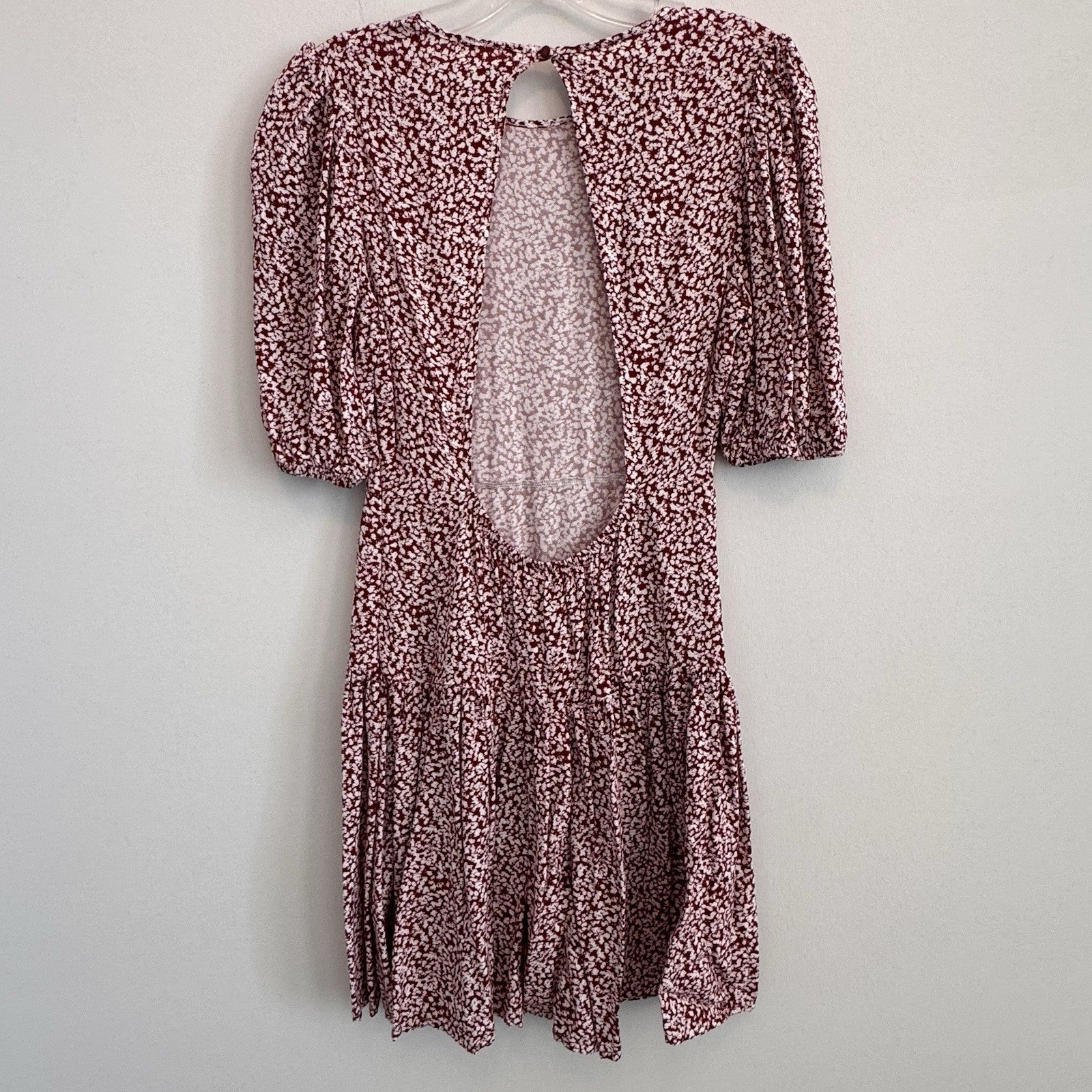 Free People XS Red White Floral Open Back Puff Sleeve Mini Dress Viscose Womens