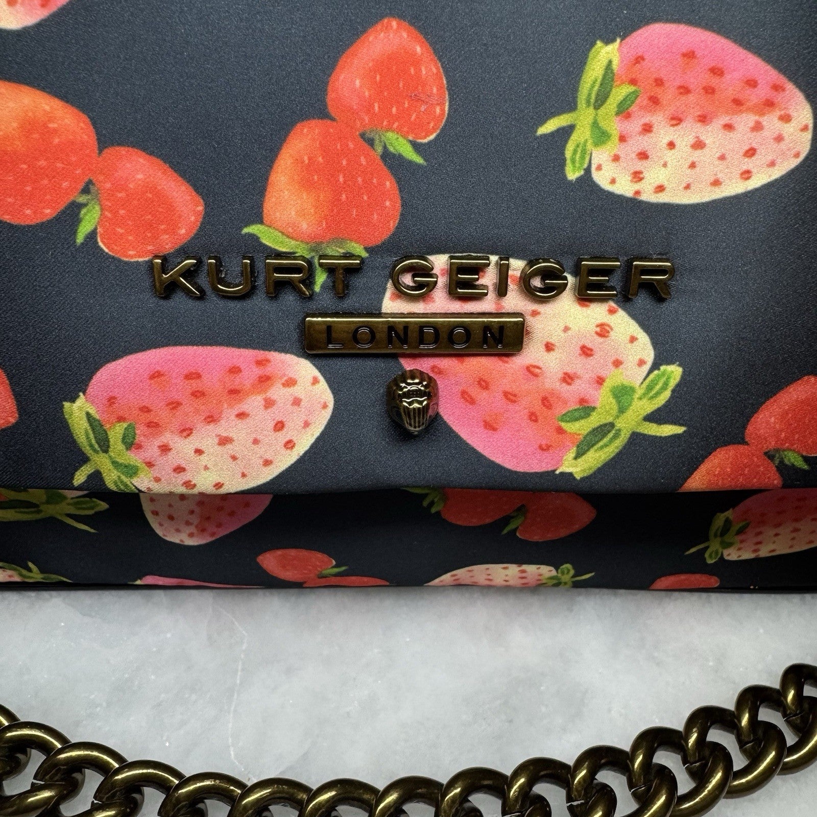 Kurt Geiger London Strawberry Print Crossbody Bag Chain Strap Navy Pink NWT