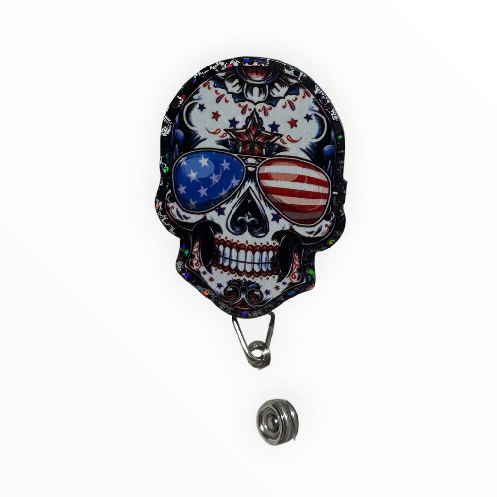 Patriotic Sugar Skull Retractable Badge Reel ID Holder Nurse USA Flag