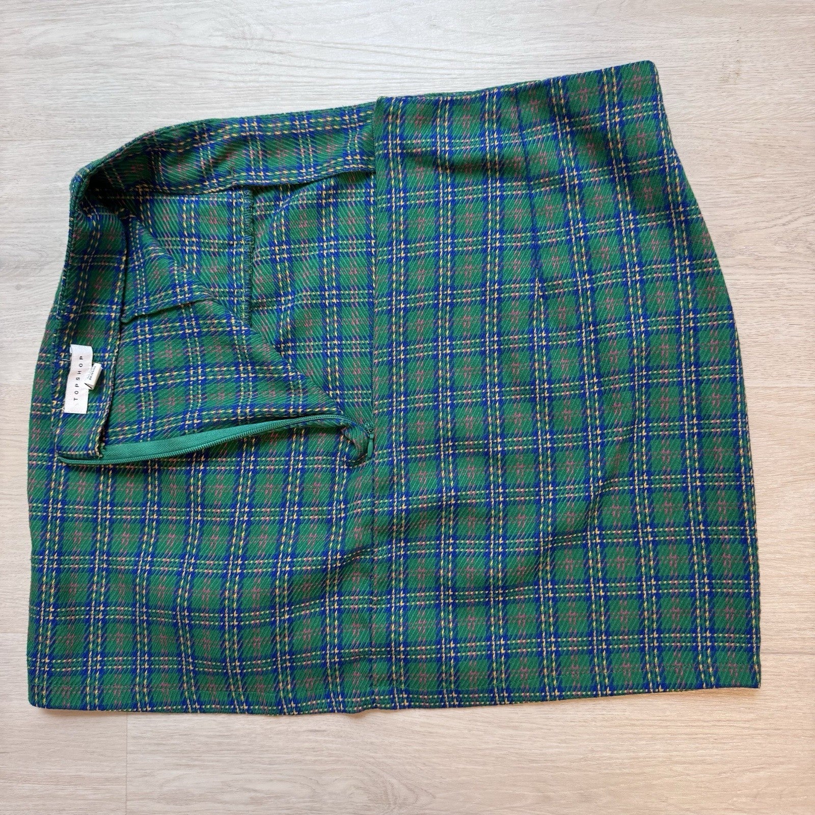Topshop Womens Plaid Ruched Mini Skirt Green Blue Size 10
