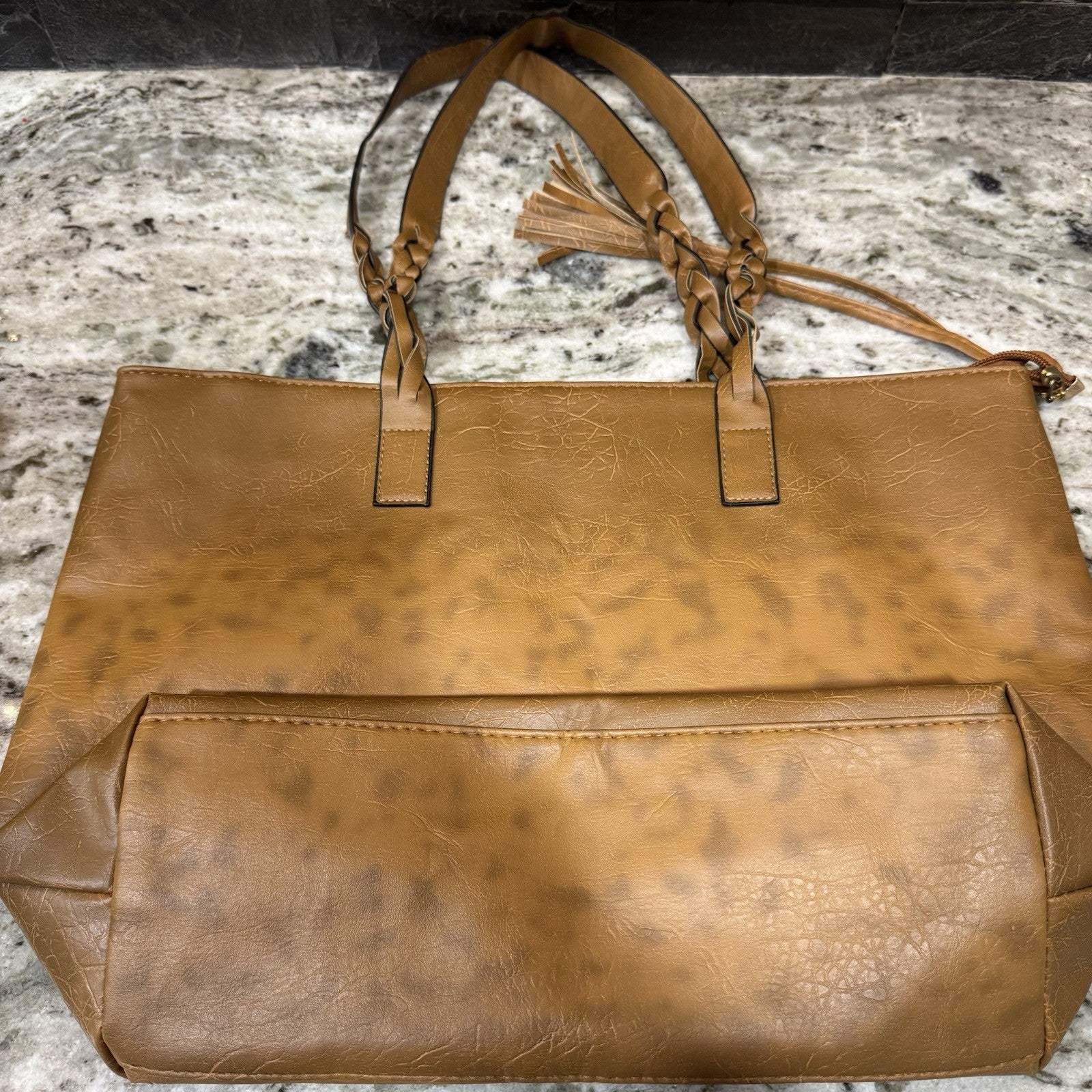 Weimeibaige Handbag Oversized Tote Vegan Leather Light Brown Braided Handles