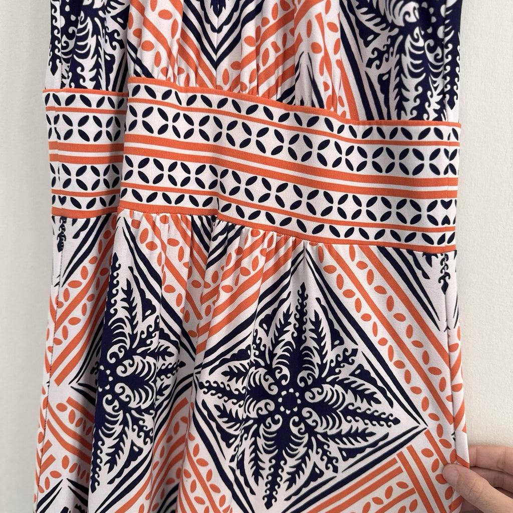 London Times Geo Tile Print Halter Maxi Dress Navy Orange Size 8