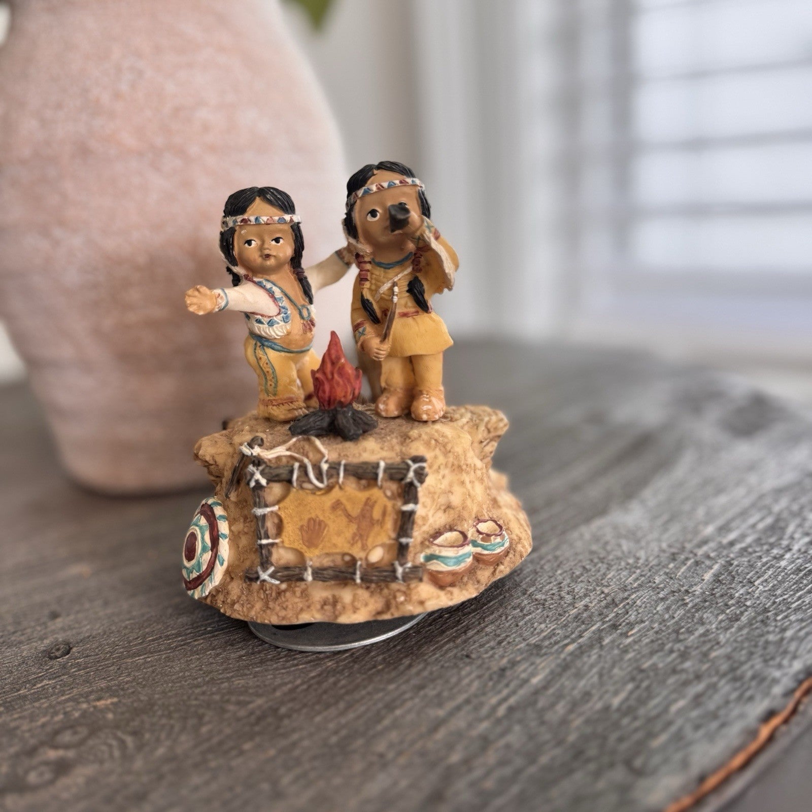 Vintage Native American Children Music Box Campfire Figurine Resin Decor Indian