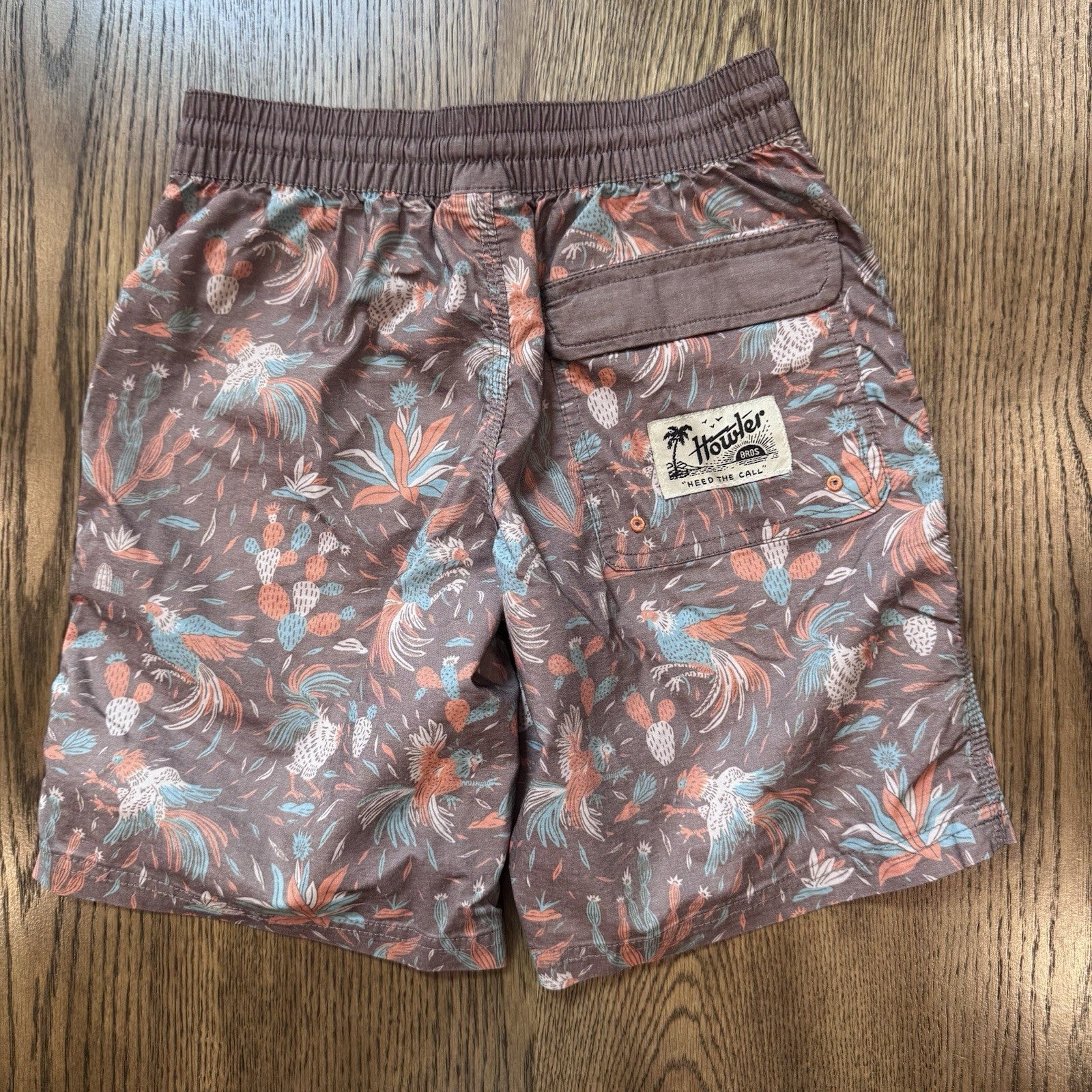 Howler Brothers Boys Swim Trunks Size Large Brown Tropical Parrot
