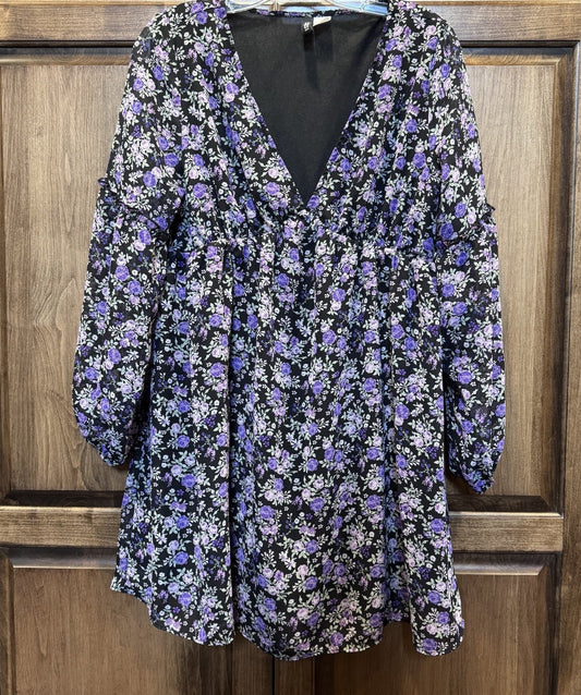 DIVIDED H&M Black Floral Babydoll Mini Dress Long Sleeve V-Neck Size SMALL