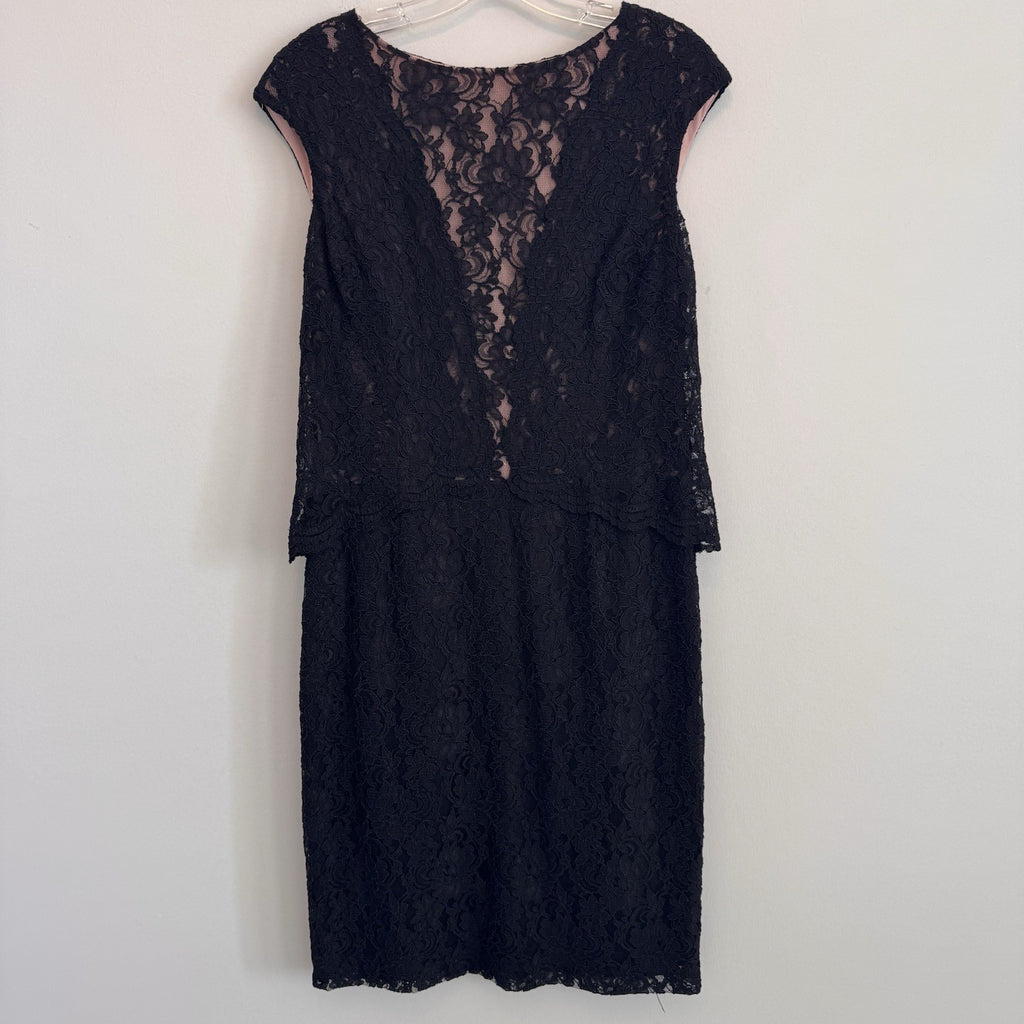Lauren Ralph Lauren Black Lace Pink Lined Sheath Dress Size 12 Cap Sleeve Womens