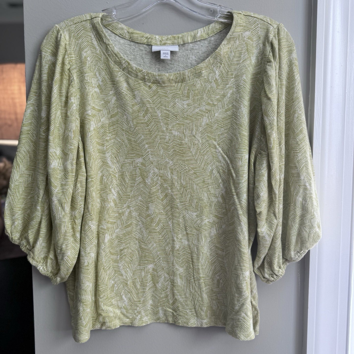 J.Jill Linen Blend Top L Petite Green White Geometric Print 3/4 Sleeve