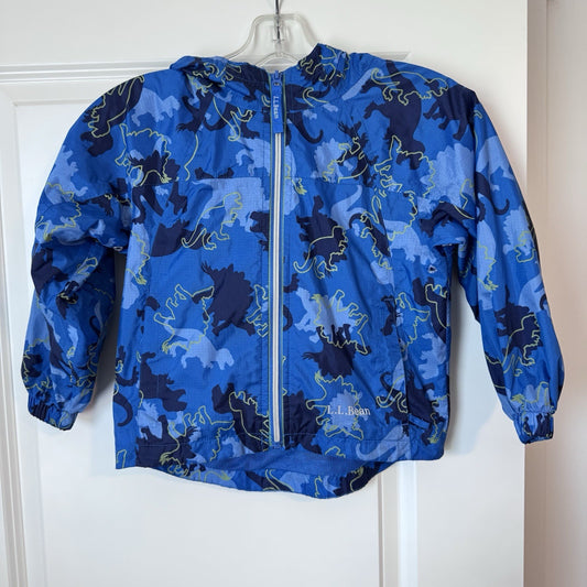 L.L.Bean Kids Rain Jacket Size 4 Blue Dino Print Hooded Windbreaker
