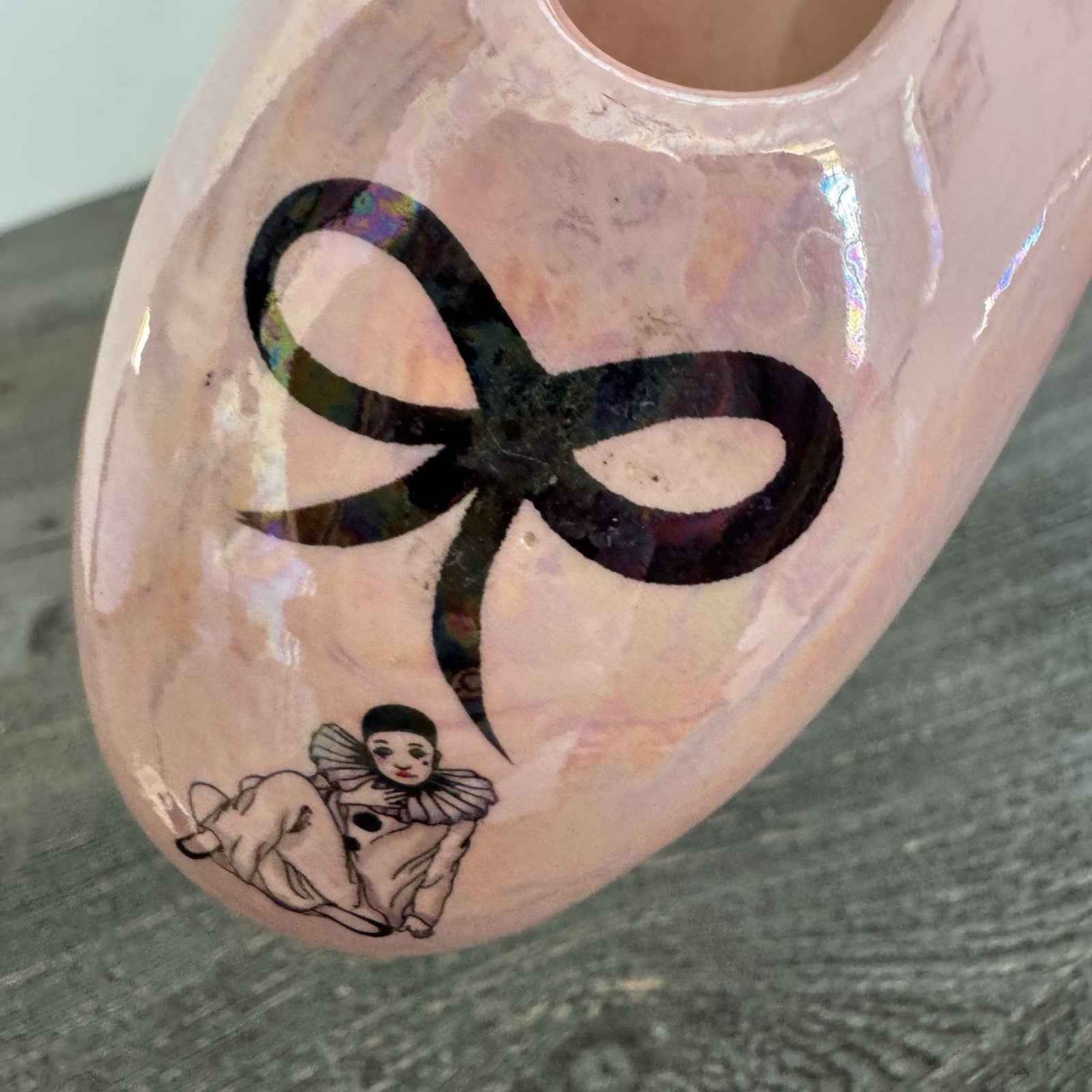 Vintage Iridescent Pink Ballet Slipper Ceramic Dish Pierrot Mime Harlequin Bow