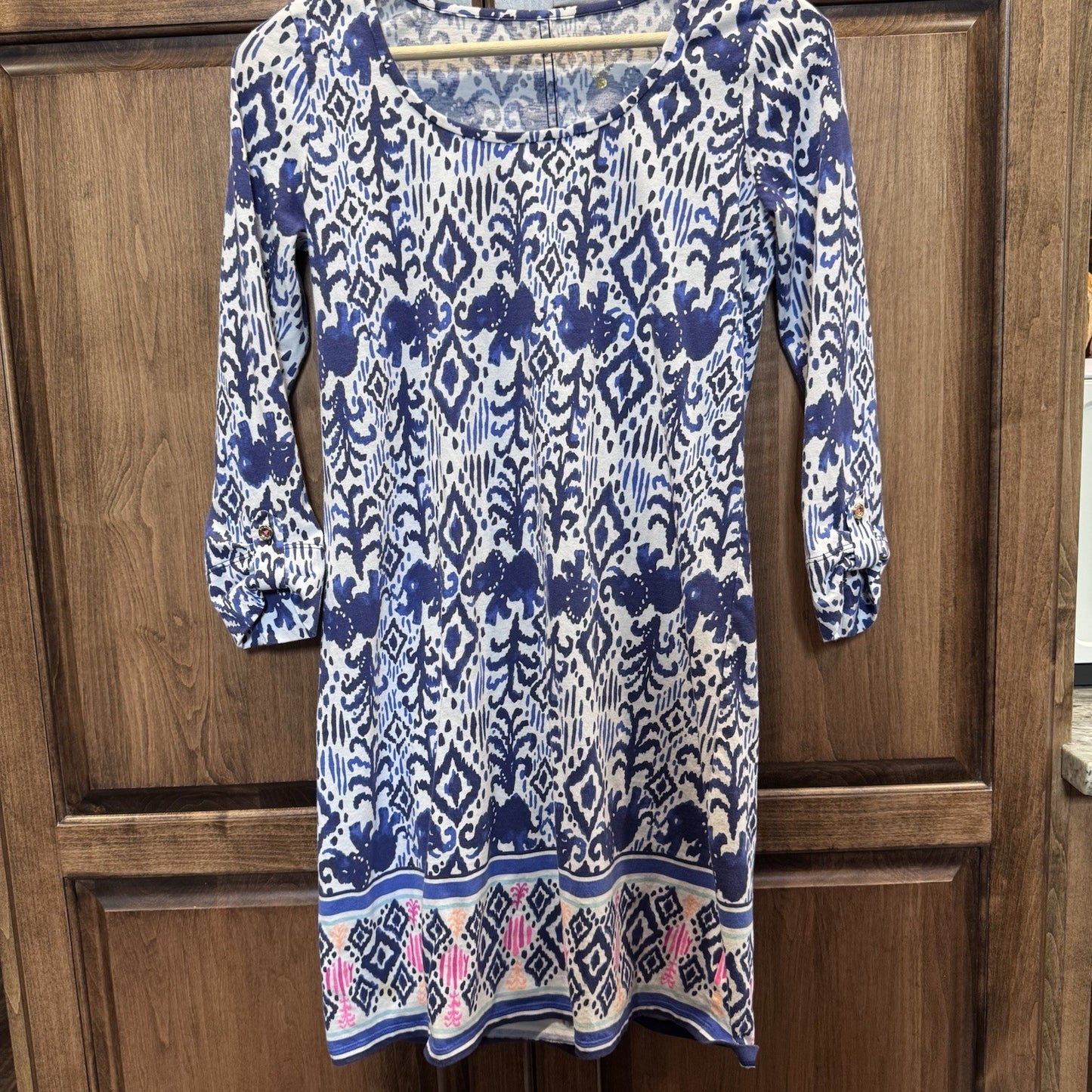 Lilly Pulitzer Blue Elephant Print Dress Small 3/4 Sleeve Cotton Shift