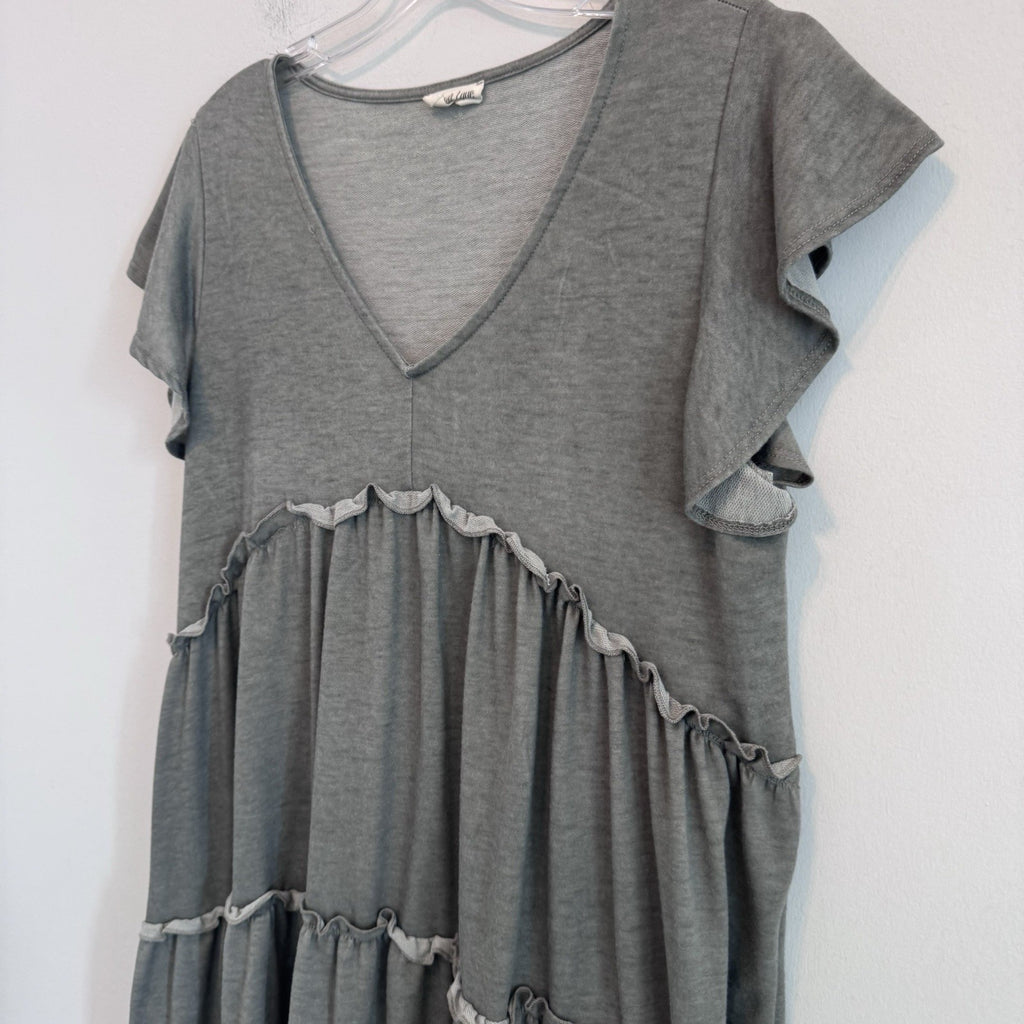 Peach Love Gray Babydoll Dress Womens M Boho Oversized Ruffle