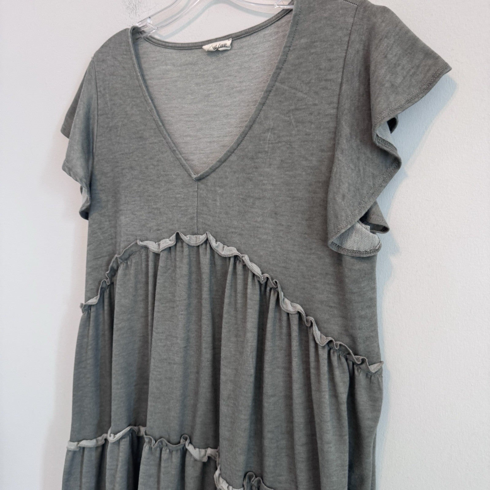 Peach Love Gray Babydoll Dress Womens M Boho Oversized Ruffle
