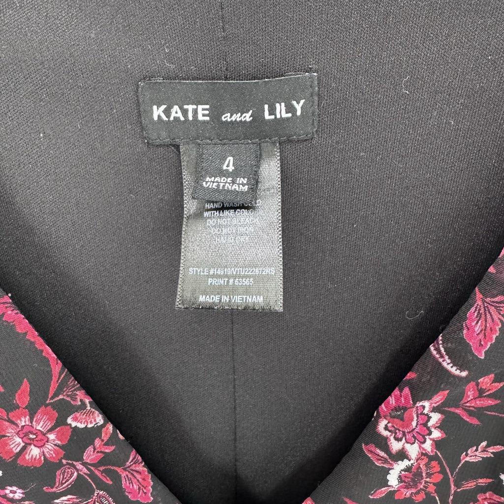 Kate and Lily Floral Midi Dress – Women’s Size 4 – Black & Pink – Long Sleeve