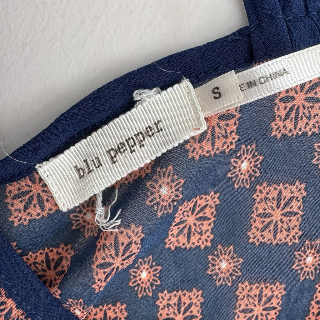 Blu Pepper Boho Blouse S Navy Coral Paisley Sheer Sleeve Top Anthropology