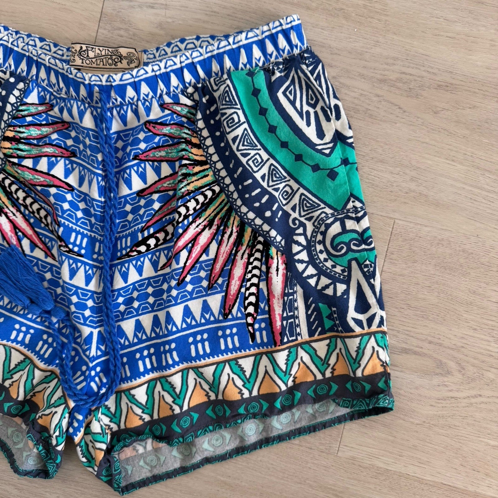 Flying Tomato Boho Tribal Shorts Tassel Tie Blue Green Size S