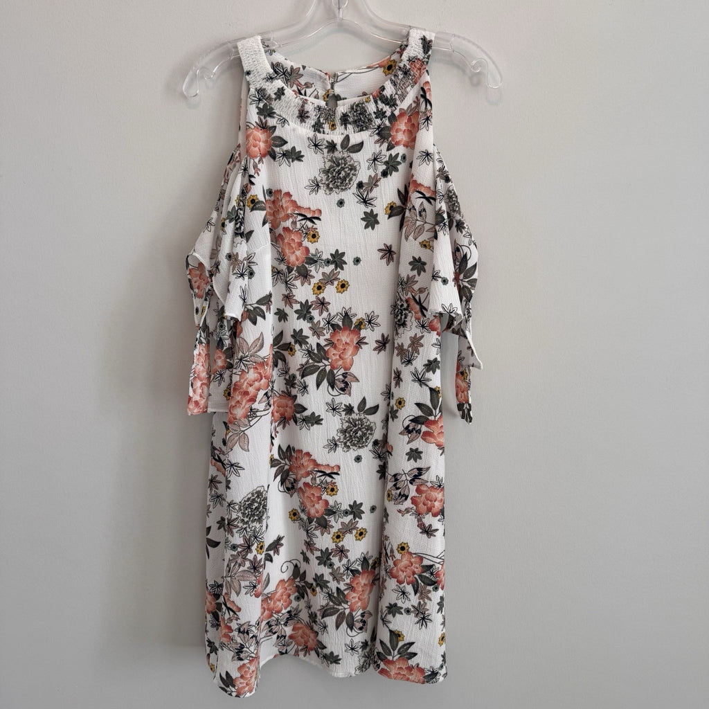 Entro Floral Cold Shoulder Mini Dress Medium White Pink Boho Ruffle Women’s