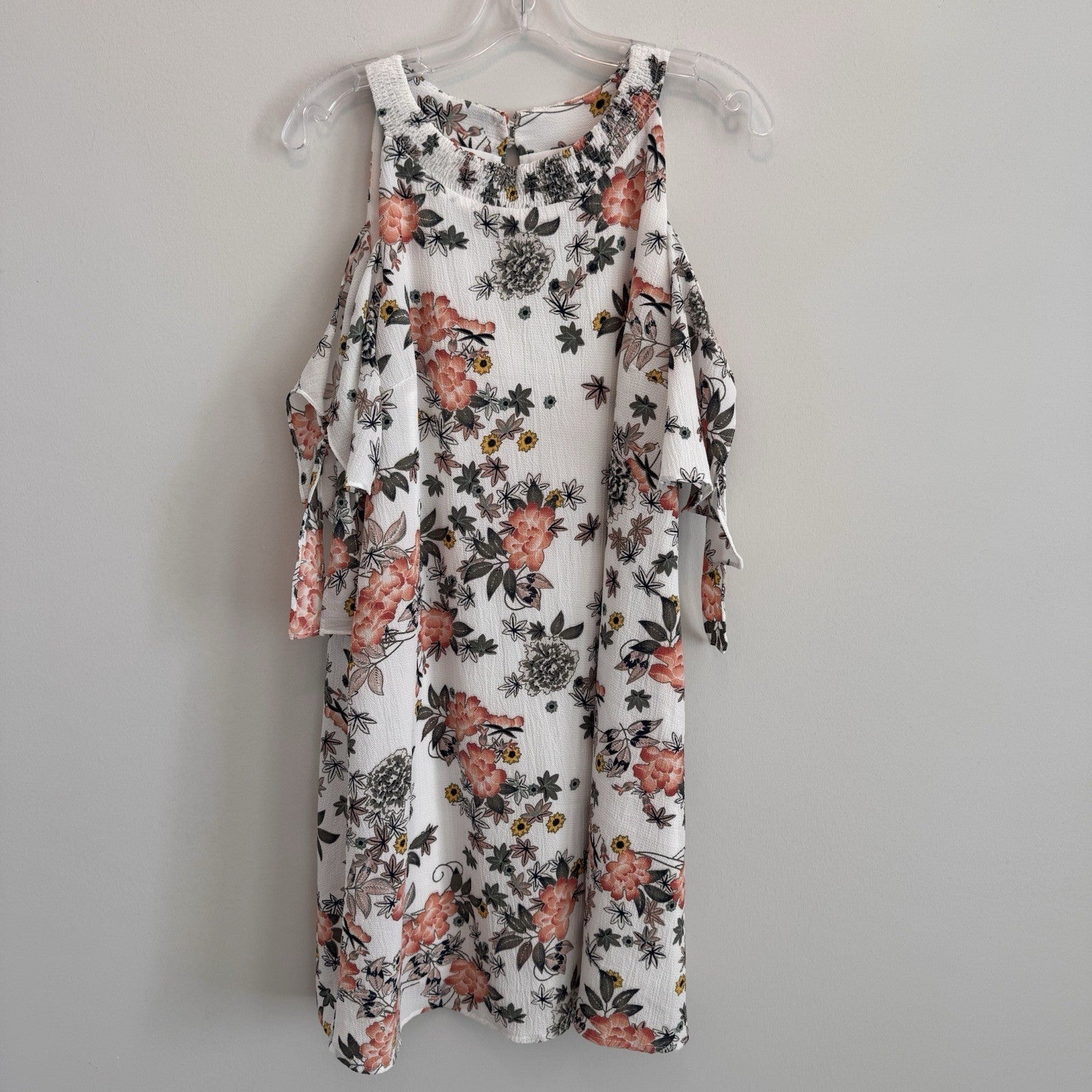 Entro Floral Cold Shoulder Mini Dress Medium White Pink Boho Ruffle Women’s