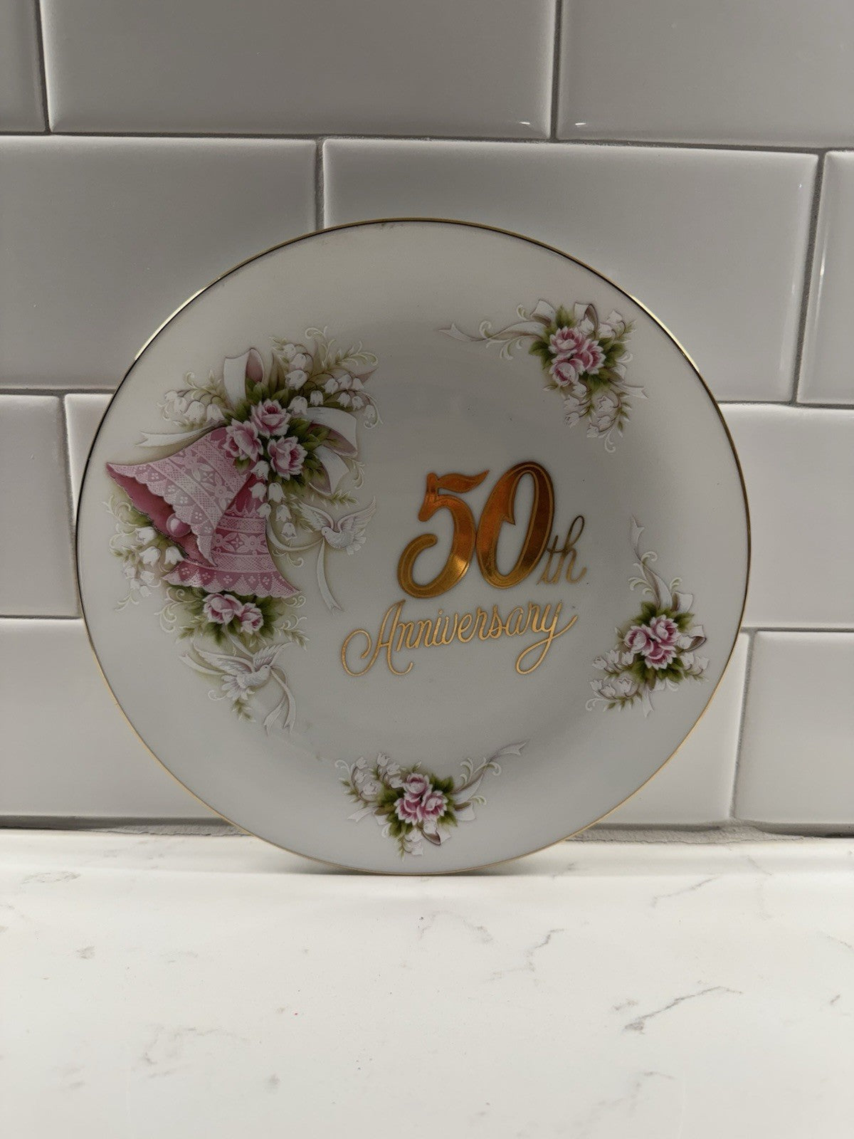 Enesco 50th Wedding Anniversary Floral Bell Dove Gold Trim Vintage Plate