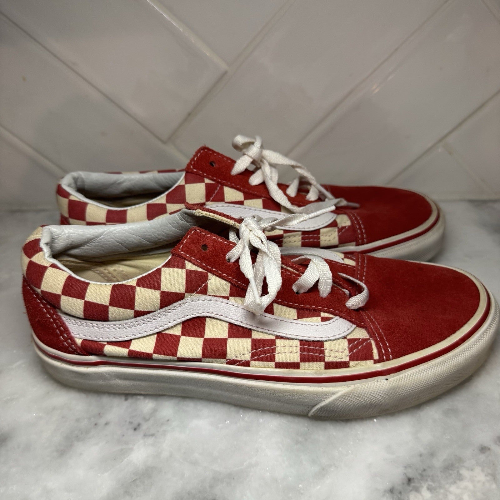 Vans Old Skool Checkerboard Red White Suede Canvas Men 5.5 Women 7