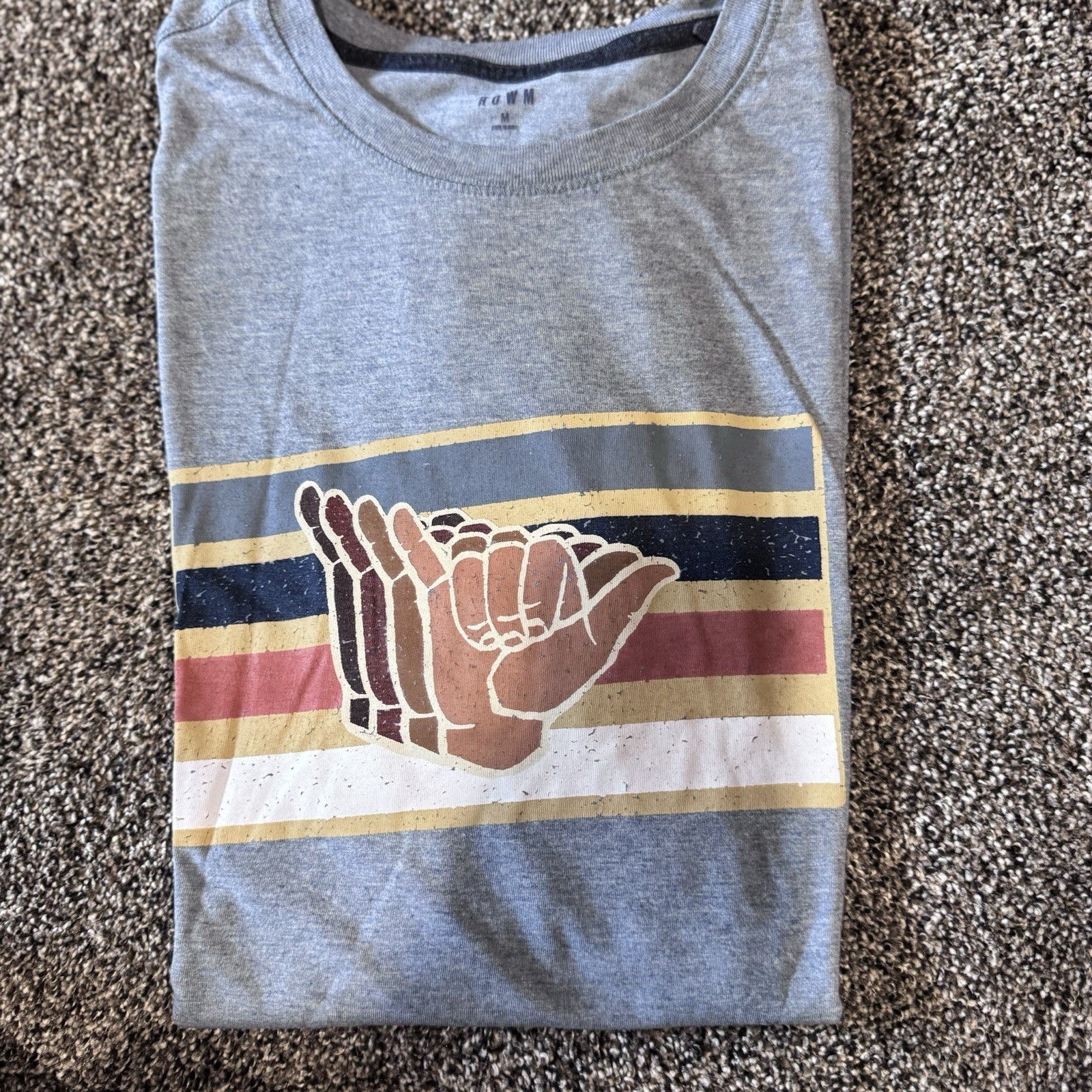 ROWM Men’s Graphic T-Shirt Size M Shaka Skeleton Hand Retro Surf Stripe Tee Gray