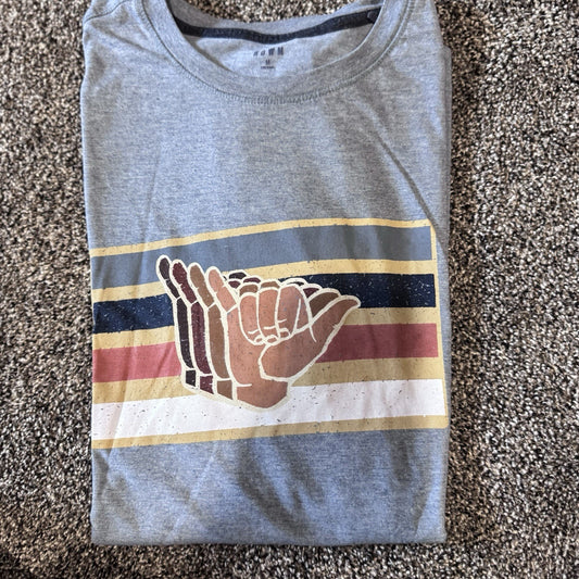 ROWM Men’s Graphic T-Shirt Size M Shaka Skeleton Hand Retro Surf Stripe Tee Gray