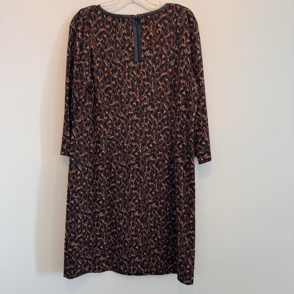 Talbots Leopard Print A-Line Dress Size 14 Faux Leather Trim 3/4 Sleeve
