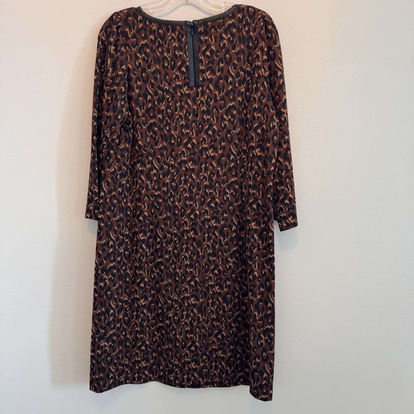 Talbots Leopard Print A-Line Dress Size 14 Faux Leather Trim 3/4 Sleeve