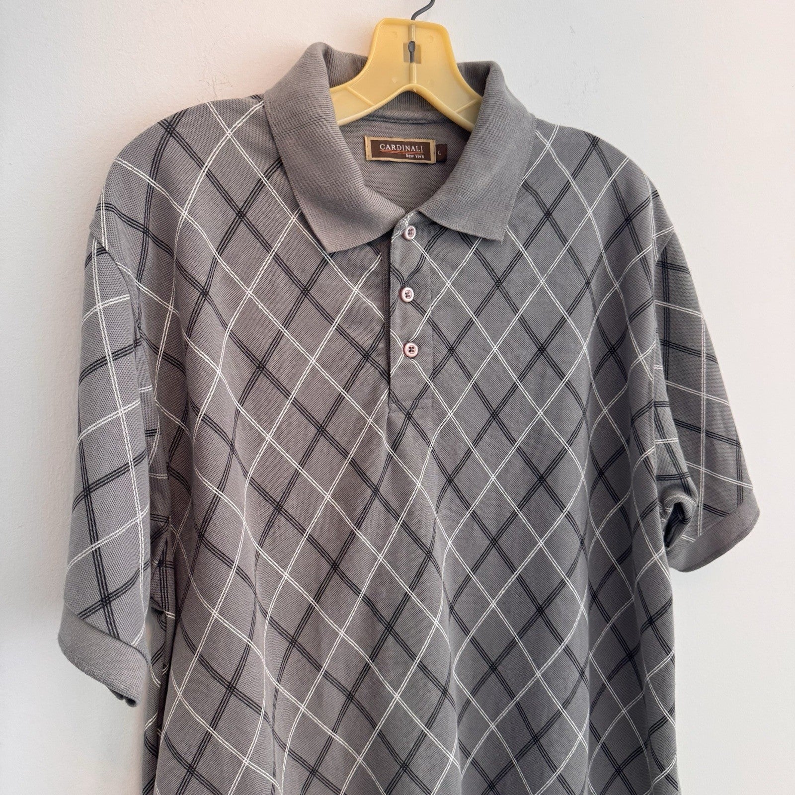 Cardinali New York Men's Large Polo Shirt Gray Diamond Grid Retro Geometric VTG