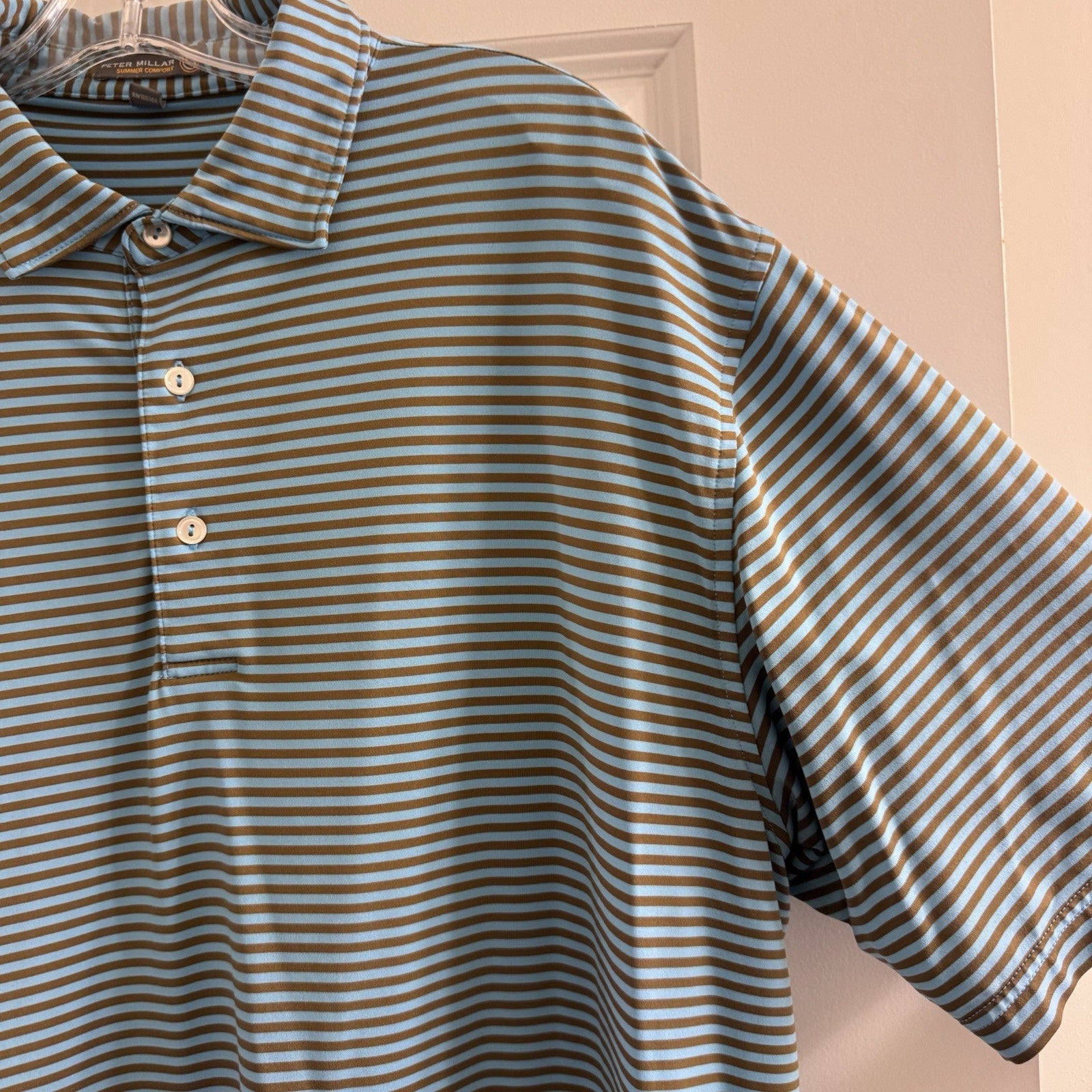 Peter Millar Summer Comfort Polo Shirt Men’s L Blue Brown Stripe Golf Stretch